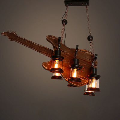 Traditional Farmhouse Wood Carving Guitar Shape Iron 6-Light Chandelier For Dining Room