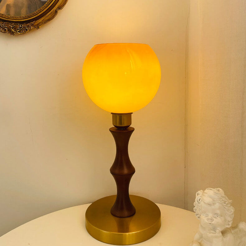 Französische Vintage Kugelglas Holz 1-Licht Tischlampe 