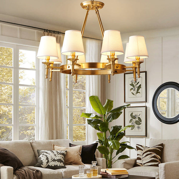 Lustre moderne rond de luxe en cuivre avec tissu et 5/6/8/10 lumières pour salon 