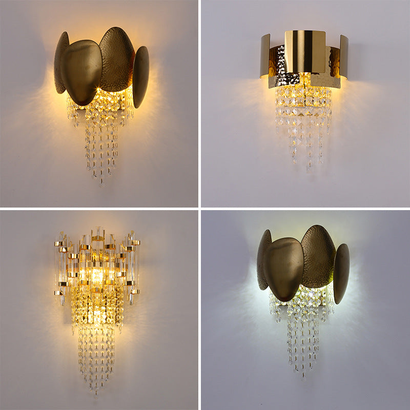 Applique Murale Moderne en Acier Inoxydable Doré de Luxe avec Pampilles en Cristal et 2 Lumières pour Salon 