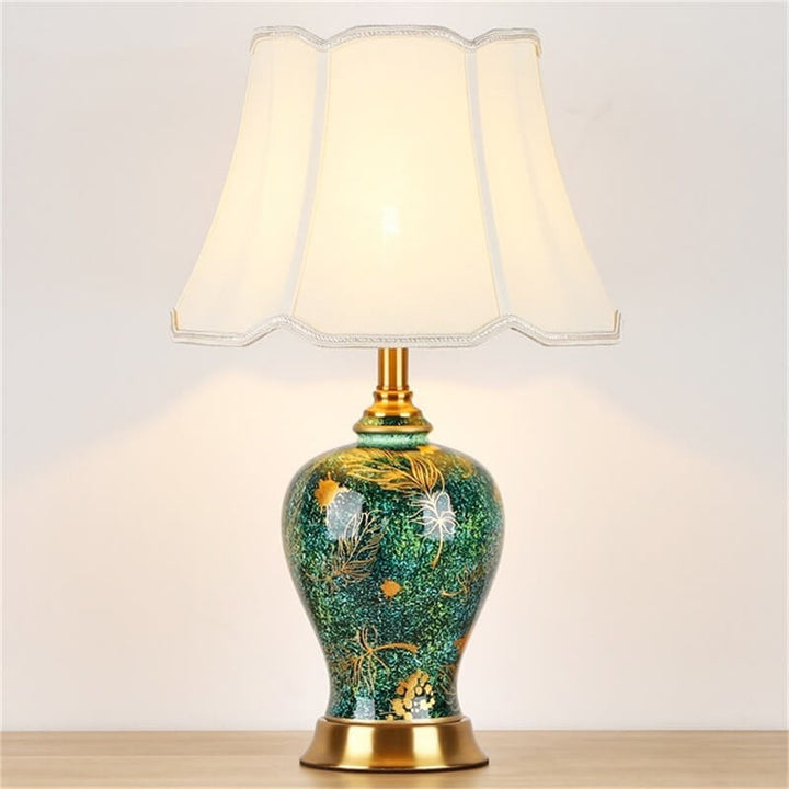 Traditional Vintage Emerald Ceramic Fabric Hardware 1-Light Table Lamp for Bedroom