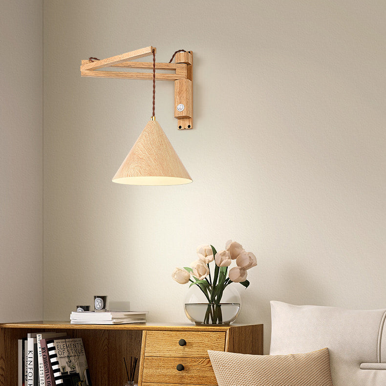 Applique murale moderne minimaliste conique rétractable en fer long, grain de bois tourné, pour chambre à coucher 