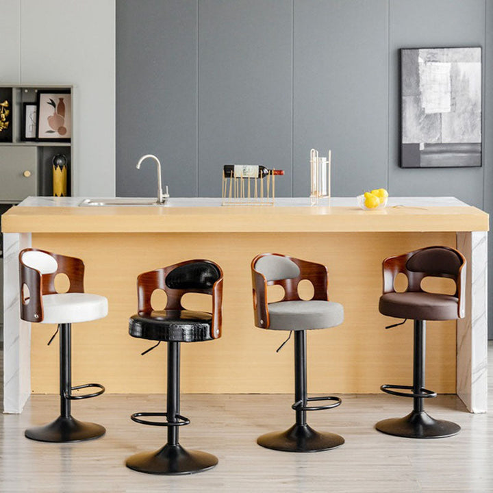 Contemporary Scandinavian Faux Leather Cotton-linen Bentwood Board Iron Round Bar Stool Backrest Footrest For Kitchen