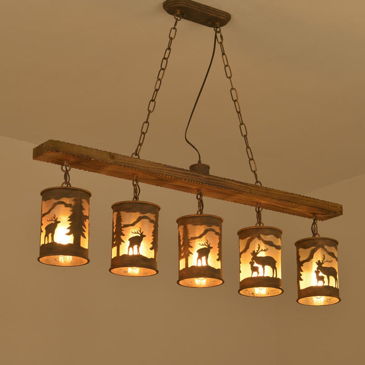 Industrielle Retro Kreative Lange Streifen Holz Zylinder Lampenschirm 3/5-Licht Kronleuchter 