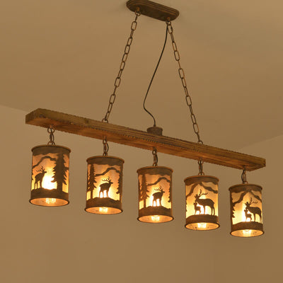 Industrial Retro Creative Long Strip Wood Cylinder Lampshade 3/5-Light Chandelier