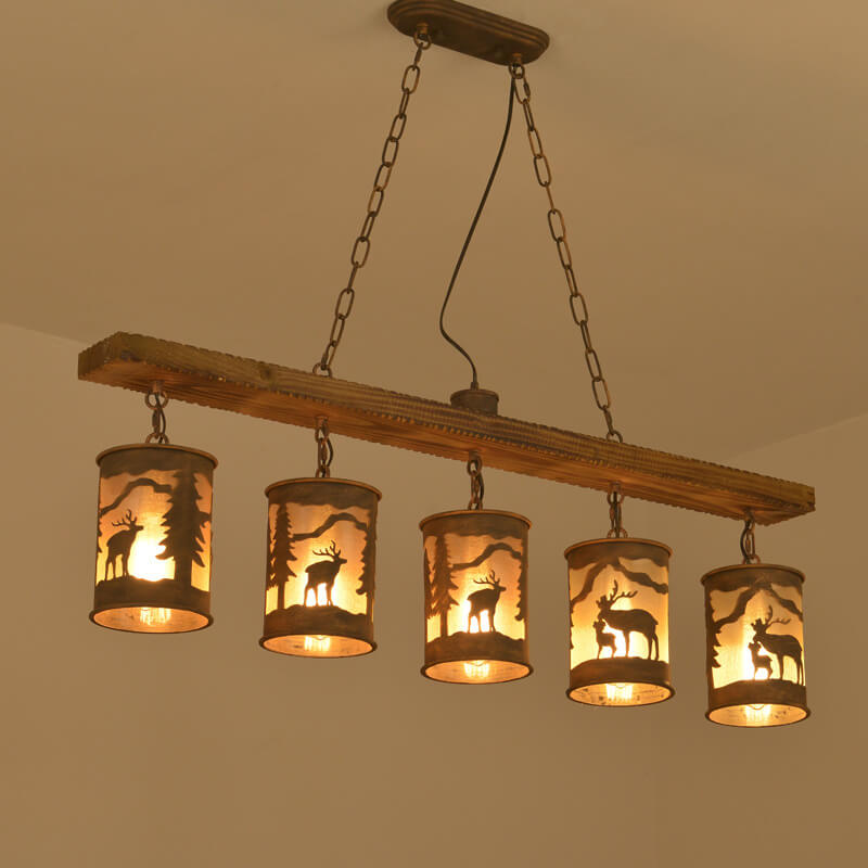 Industrielle Retro Kreative Lange Streifen Holz Zylinder Lampenschirm 3/5-Licht Kronleuchter 