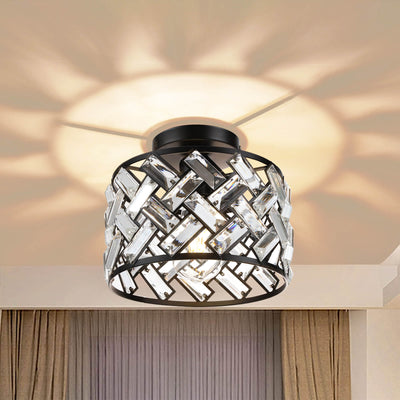 Modern Minimalist Round Metal Crystal 1-Light Semi-Flush Mount Ceiling Light For Living Room