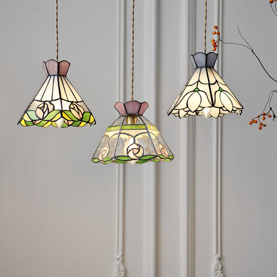 Vintage Tiffany Rose Flower Conical Stained Glass 1-Light Pendant Light