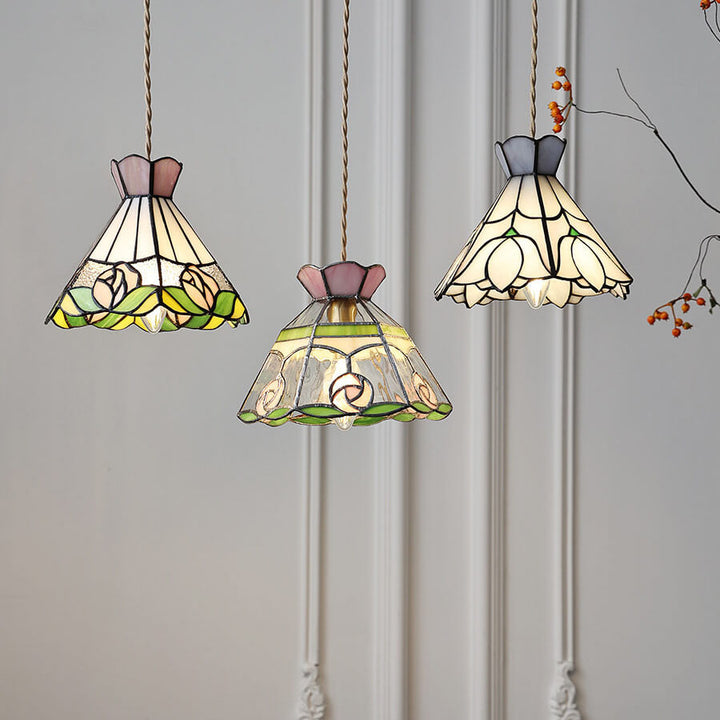 Vintage Tiffany Rose Flower Conical Stained Glass 1-Light Pendant Light