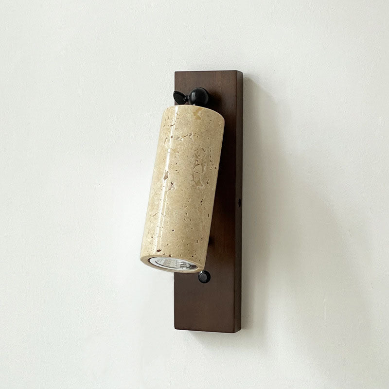 Traditional Japanese Cylinder Rectangle Solid Wood Iron Yellow Travertine 1-Light Wall Sconce Lamp For Bedroom