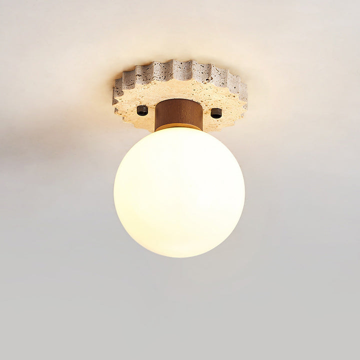 Traditional Japanese Ball Round Base Travertine Wood Glass 1-Light Semi-Flush Mount Ceiling Light For Hallway