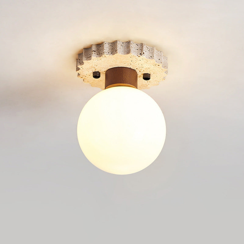 Traditional Japanese Ball Round Base Travertine Wood Glass 1-Light Semi-Flush Mount Ceiling Light For Hallway