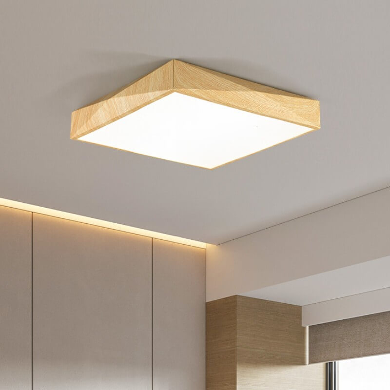 Modern Minimalist Wood Grain Square Geometry LED Flush Mount Ceiling Light