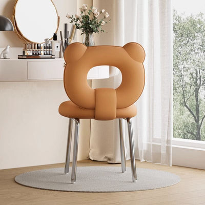 Taburete de tocador con patas de metal tapizado en cuero sintético escandinavo contemporáneo con respaldo de oso para sala de estar 