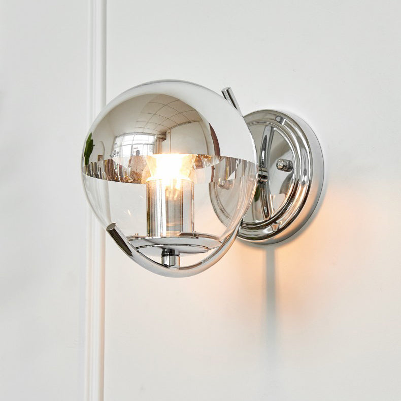 Modern Simplicity Silver Finish Frame Spherical Glass Shade 1-Light Wall Sconce Lamp For Bedroom