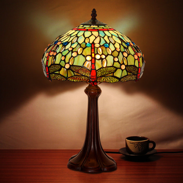 Lampe de table Tiffany traditionnelle en verre teinté en forme de tambour avec libellule, 1 lumière pour étude 