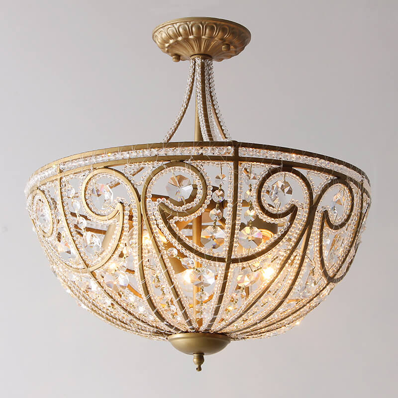Traditional French Crystal Bead Strings Bowl Gold Iron 5-Light Semi-Flush Mount Ceiling Light For Living Room