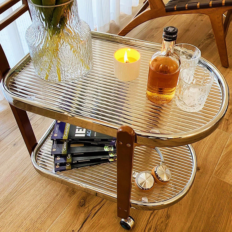 Traditioneller ovaler abnehmbarer Holztisch aus Edelstahl und Glas mit 2 Ebenen für das Wohnzimmer 