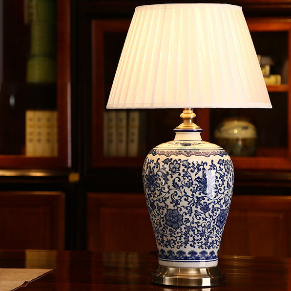 Traditional Chinese Ceramic Fabric Electroplated Antique Brass Finish Vase Cone 1-Light Table Lamp For Home Office
