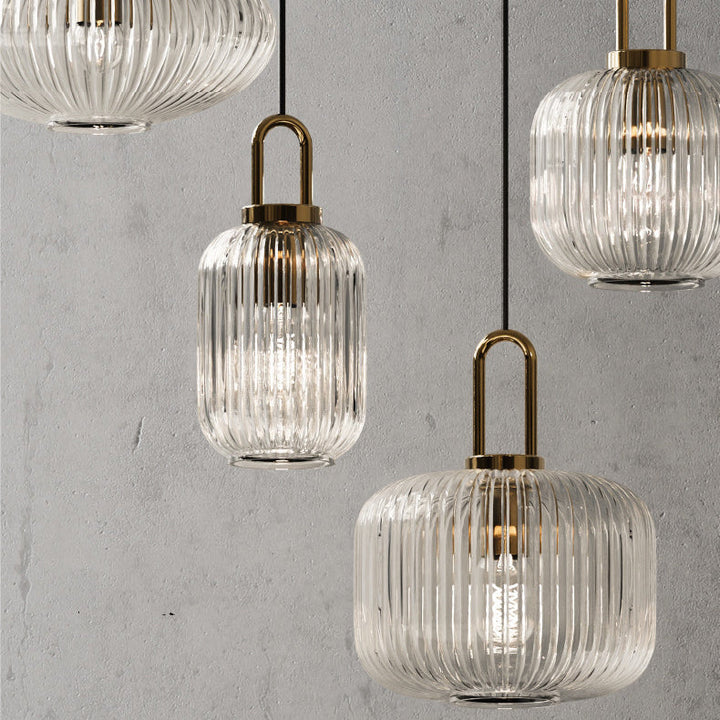 Zeitgenössische nordische runde ovale Kürbis-Pendelleuchte aus Edelstahl mit gestreiftem Glas und 1 Licht für das Wohnzimmer 