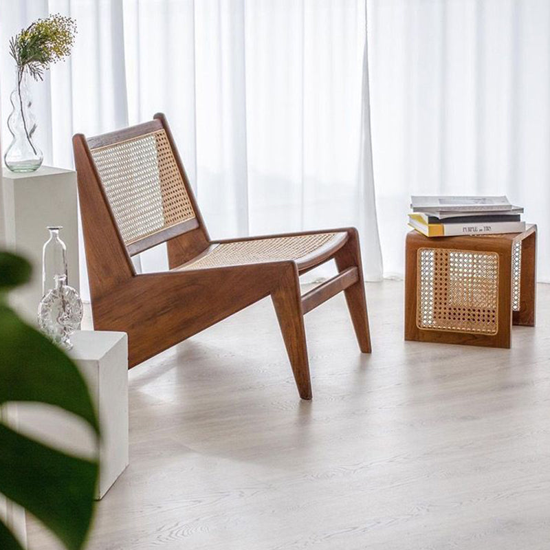 Traditioneller quadratischer Couchtisch aus massivem Holz mit Vintage-PE-Rattangeflecht für das Wohnzimmer 
