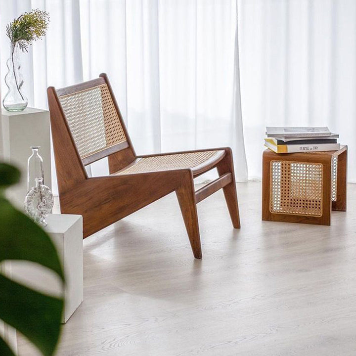 Traditioneller quadratischer Couchtisch aus massivem Holz mit Vintage-PE-Rattangeflecht für das Wohnzimmer 