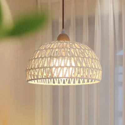 Traditional Japanese Half Round Solid Wood Rattan 1-Light Pendant Light For Living Room