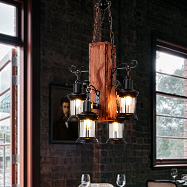 Lustre rustique traditionnel rectangulaire en cylindre de bois avec quincaillerie à 4 lumières pour salon 