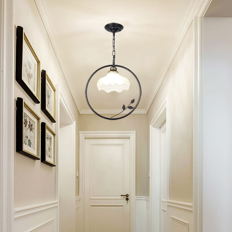 Creative Flower Bud Glass Shade Circle Ring Wrought Iron 1-Light Pendant Light