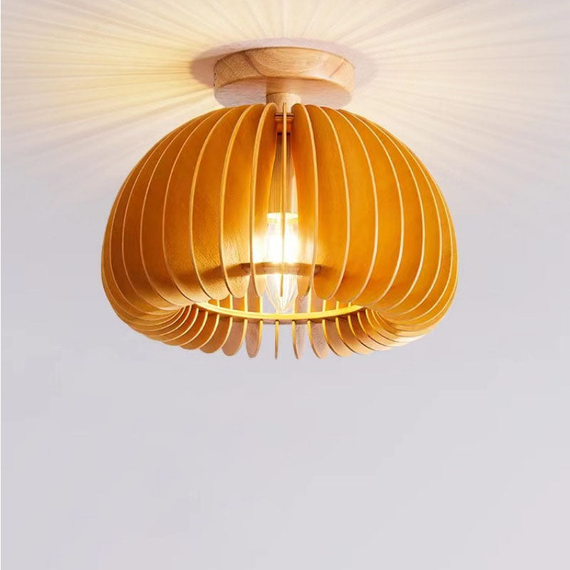 Contemporary Retro Wooden Pumpkin Shape 1-Light Semi-Flush Mount Ceiling Light For Bedroom