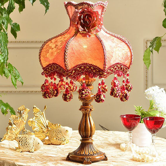 Chinese Ornate Fabric Shade Rose Flower Decor 1-Light Table Lamp