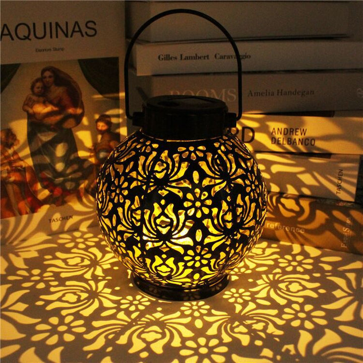 Moderne Art Deco Solar Wasserdichte Aushöhlen Blip Runde Laterne Eisen LED Outdoor Licht Für Garten 