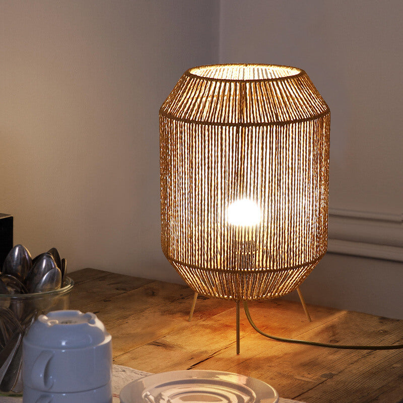 Lámpara de Mesa de 1 Luz con Jaula de Tejido de Cuerda de Cáñamo Rústico Tradicional para Estudio 