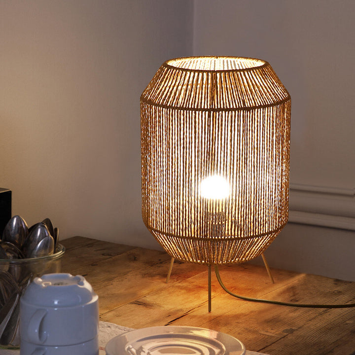 Lámpara de Mesa de 1 Luz con Jaula de Tejido de Cuerda de Cáñamo Rústico Tradicional para Estudio 