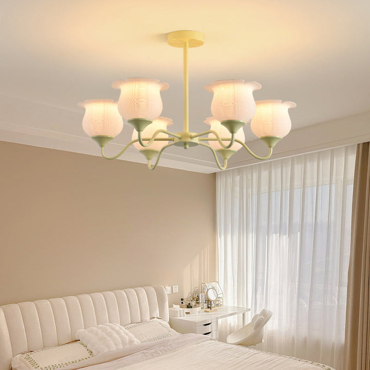 Moderner Art-Deco-Kronleuchter mit Eisenrahmen und PLA-Glocken-Orchideen-Blumenschirm, 3/5/6 Lichter, für Wohnzimmer 