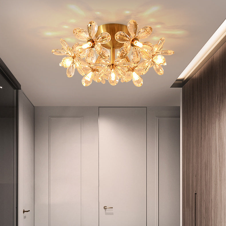 Moderne minimalistische Blume Messing Kristall 3/5/6/7 Licht Unterputz Deckenleuchte für Wohnzimmer 