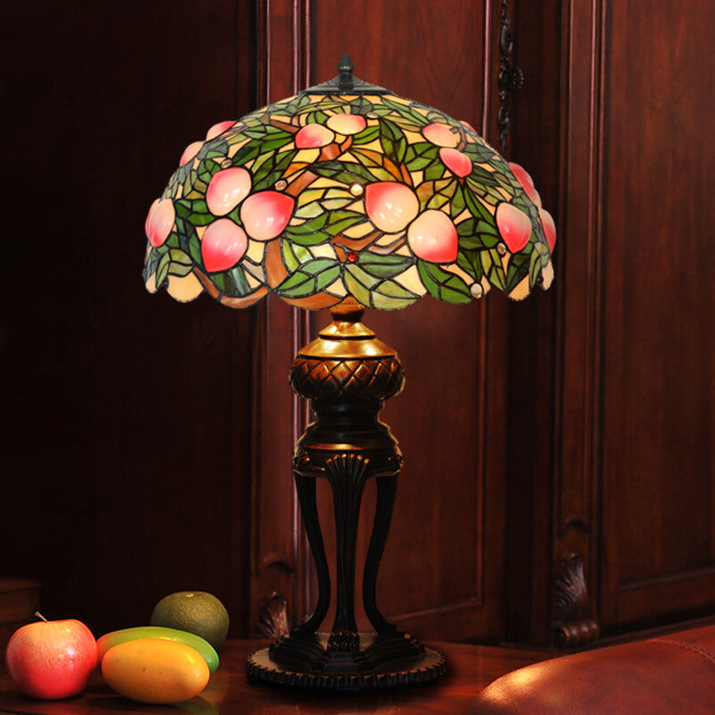 Lampe de table Tiffany Retro Peach Stained Glass Dome à 3 lumières 