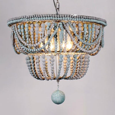 Lustre traditionnel rustique lanterne sphérique en fer et perles de bois à 4 lumières pour salon 