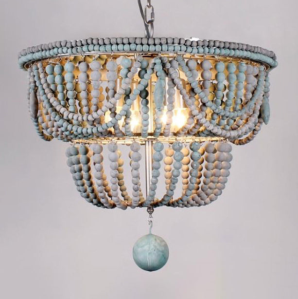 Lustre traditionnel rustique lanterne sphérique en fer et perles de bois à 4 lumières pour salon 