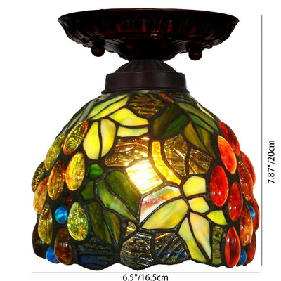 Traditional Tiffany Round Grape All Copper Stained Glass 1-Light Semi-Flush Mount Ceiling Light For Living Room
