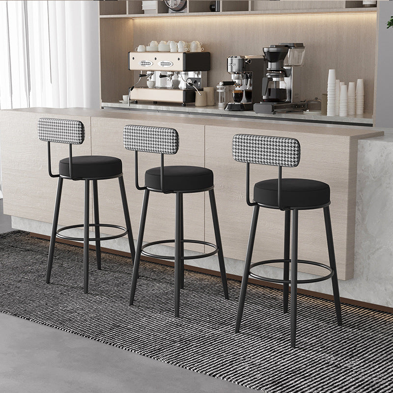 Tabouret de bar contemporain nordique rond en lin de coton rembourré avec dossier et repose-pieds pour salle à manger 