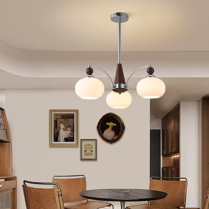 Modern Transitional Glass Round Shade Solid Wood Branch 3/5/6/8 Light Chandelier For Living Room