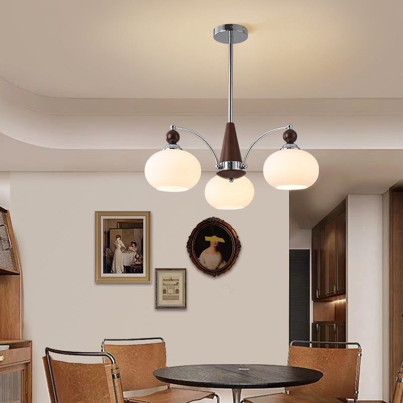 Modern Transitional Glass Round Shade Wood Branch 3/5/6/8 Light Chandelier For Living Room