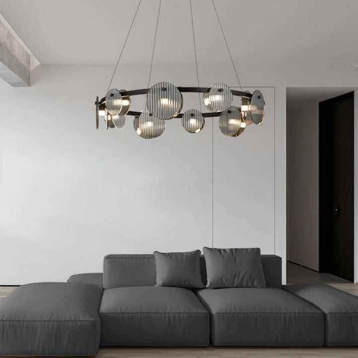Lámpara de araña LED moderna minimalista de aros de hierro, vidrio y acrílico para salón 