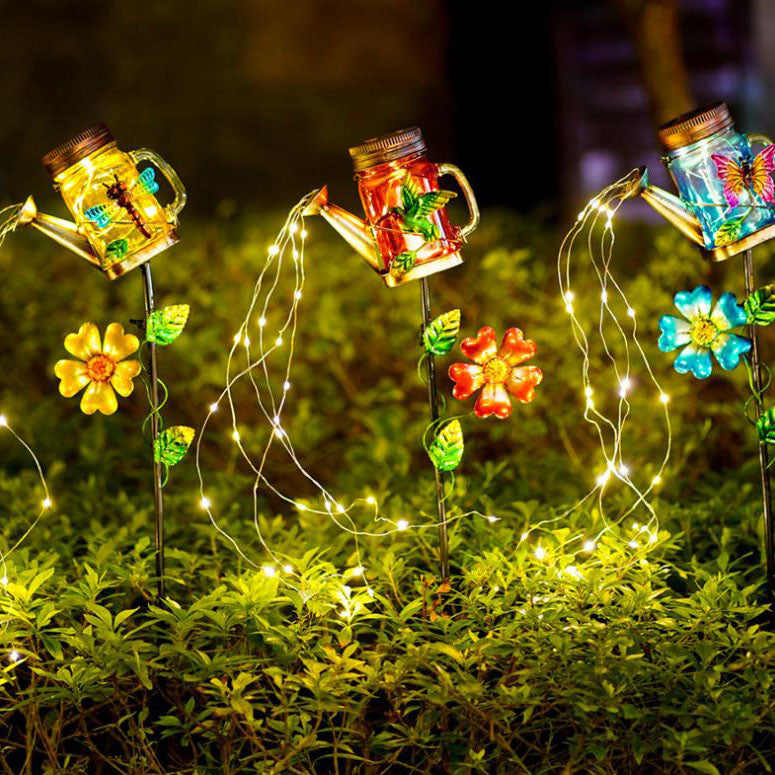 Decoración Creativa Solar Hierro Forjado Tetera LED Luz de Enchufe de Suelo para Exteriores 