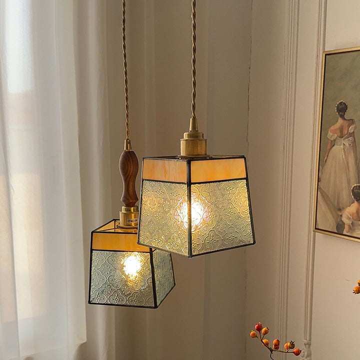 Lámpara colgante contemporánea retro de vidrio, latón, hierro, nogal cúbico trapezoidal de 1 luz para comedor 