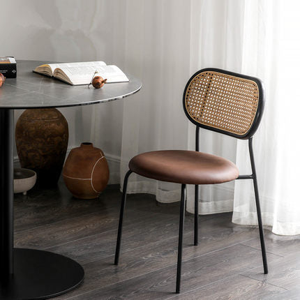 Contemporary Nordic Round PU Leather Faux Rattan Weaving Iron Chair Backrest For Living Room