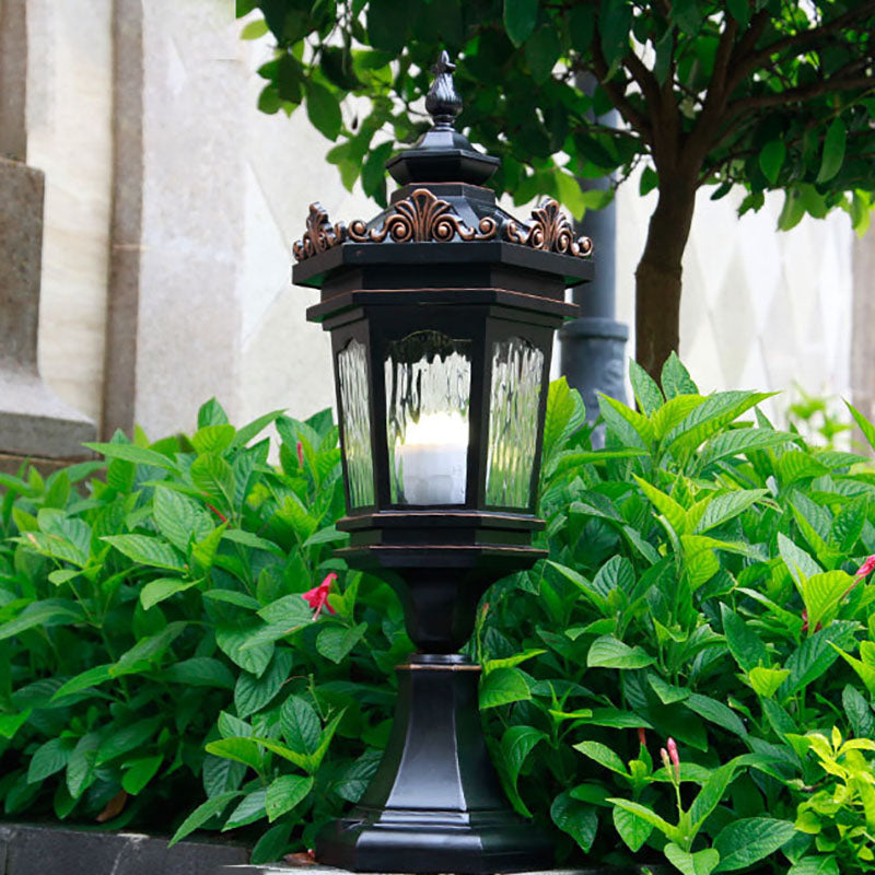 Luz de Poste de Cabeza de 1 Luz de Vidrio de Aluminio Cilíndrico Hexagonal Europeo Tradicional para Patio Exterior 
