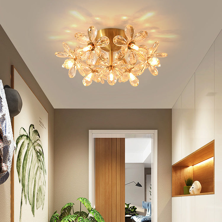 Moderne minimalistische Blume Messing Kristall 3/5/6/7 Licht Unterputz Deckenleuchte für Wohnzimmer 