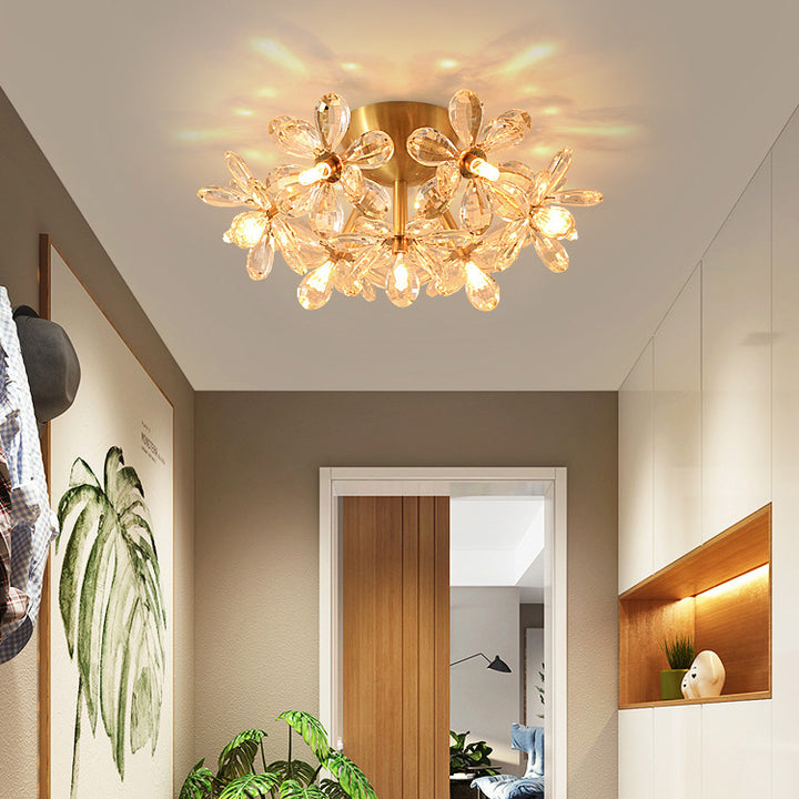 Moderne minimalistische Blume Messing Kristall 3/5/6/7 Licht Unterputz Deckenleuchte für Wohnzimmer 